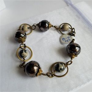 Genuine Dalmatian Jasper Gemstone & Ceramic Beads Brass Mixed Media Bracelet NEW